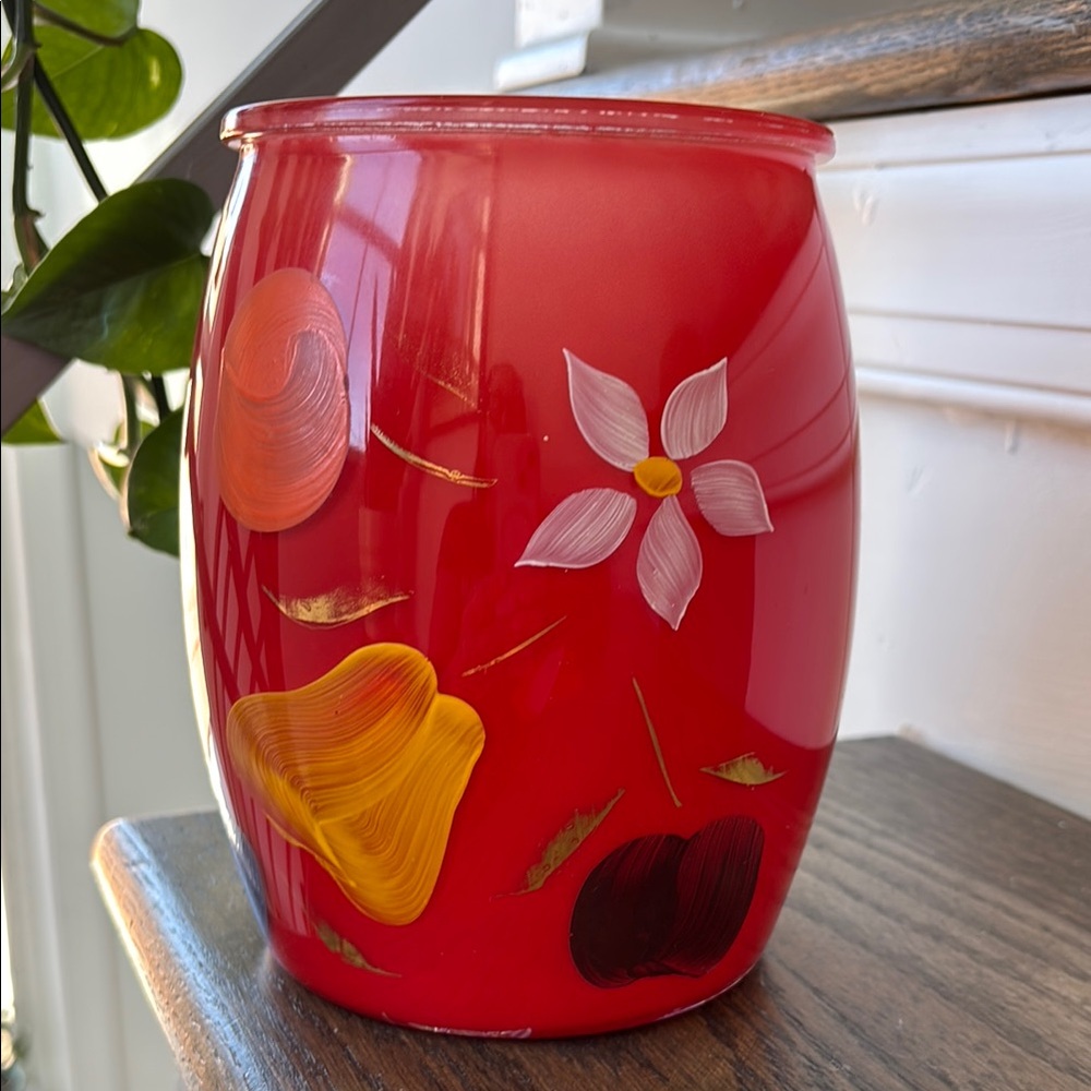 Vintage Bartlett Collins glass cookie jar, NO TOP, red, painted flowers, 7” tall